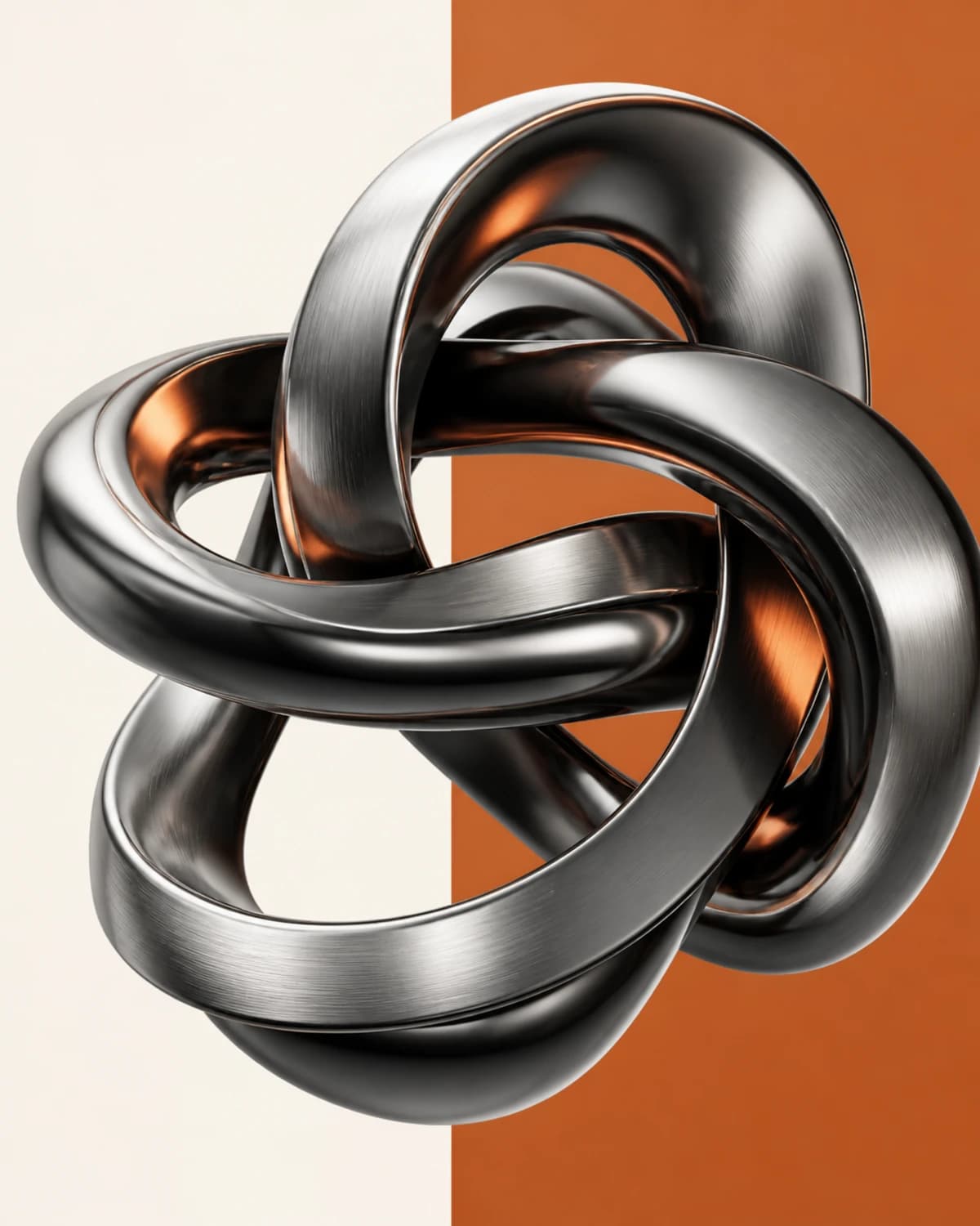 Abstract interlocking dark metal and copper loops representing connected product systems
