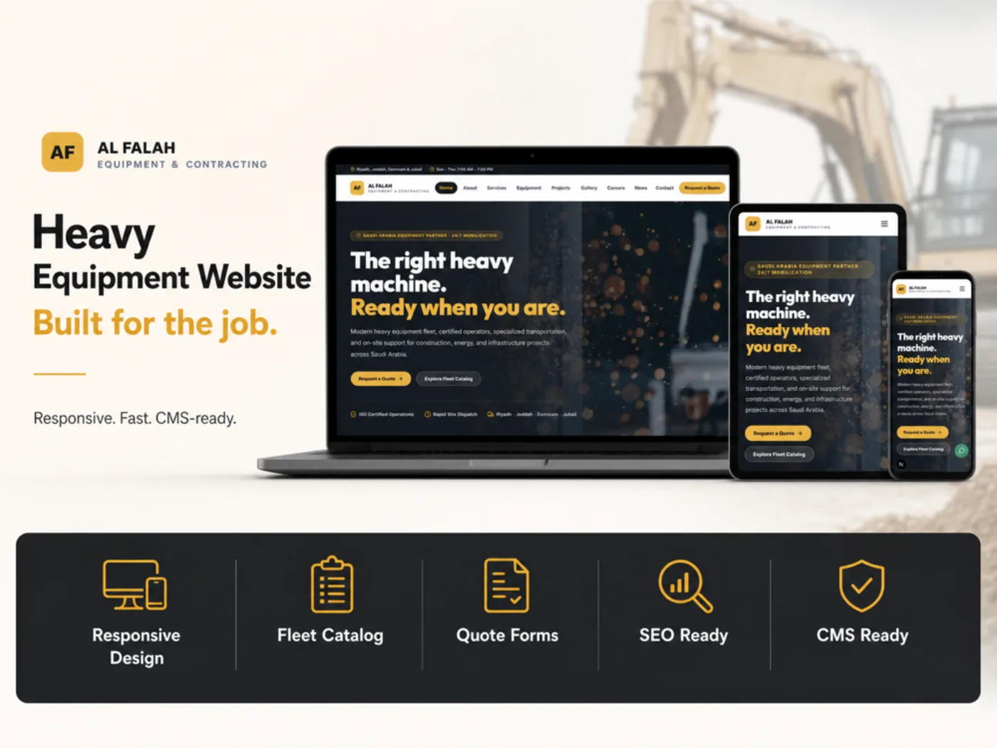 Al Falah heavy equipment website shown across laptop, tablet and phone