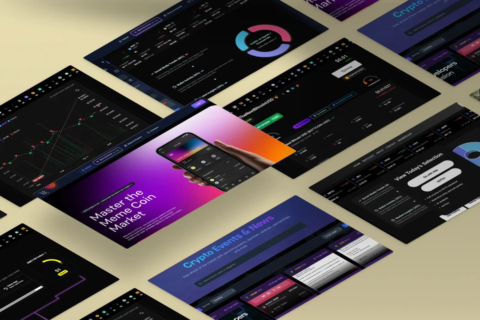 COTD AI analytics product presented as a grid of dark interface screens