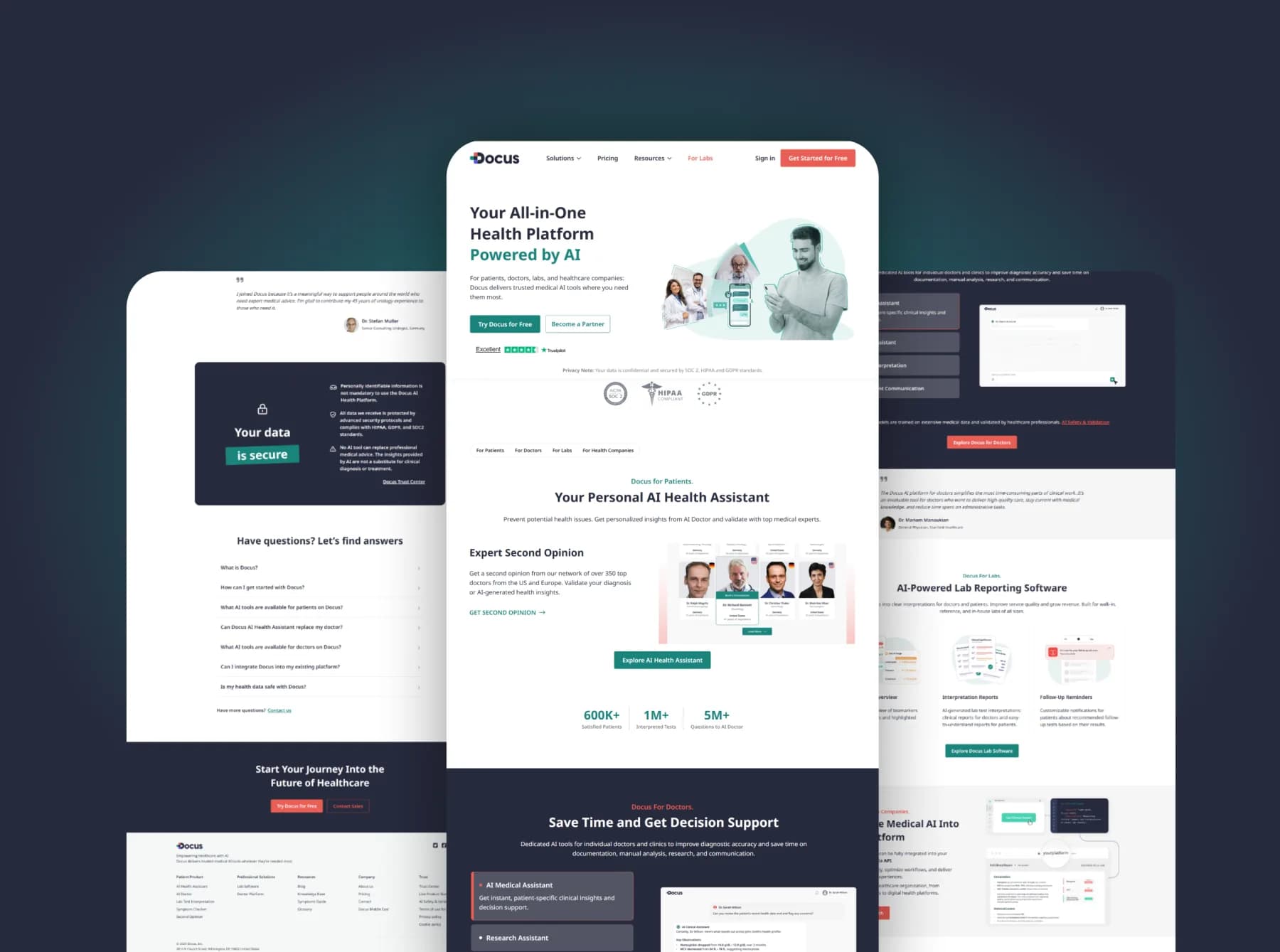 Docus AI healthcare platform presented as a multi-page responsive website composition