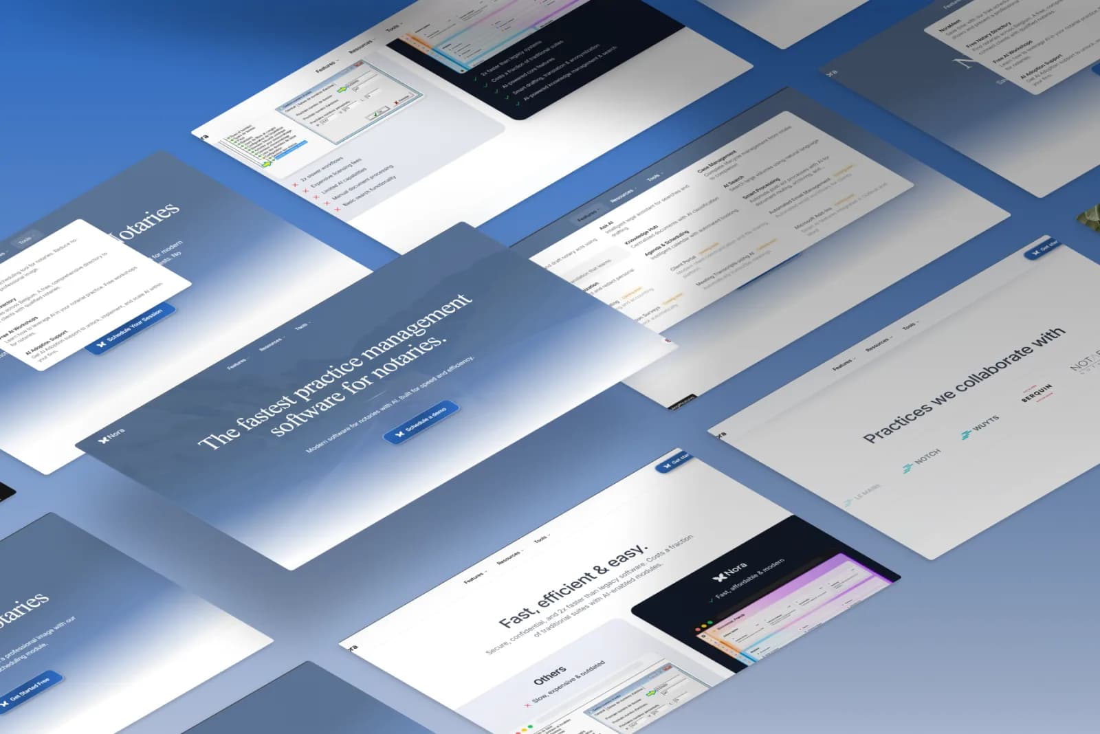 Nora Legal SaaS product interface shown as an editorial screen composition
