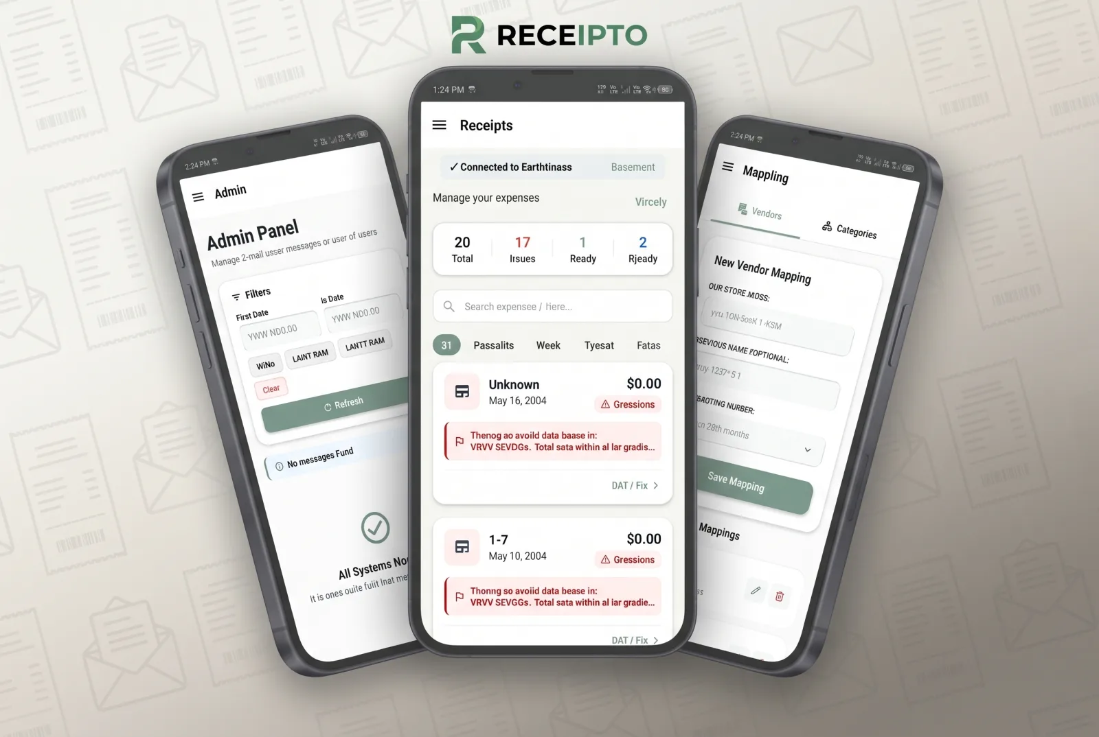 Recipto personal finance mobile application shown on three phones