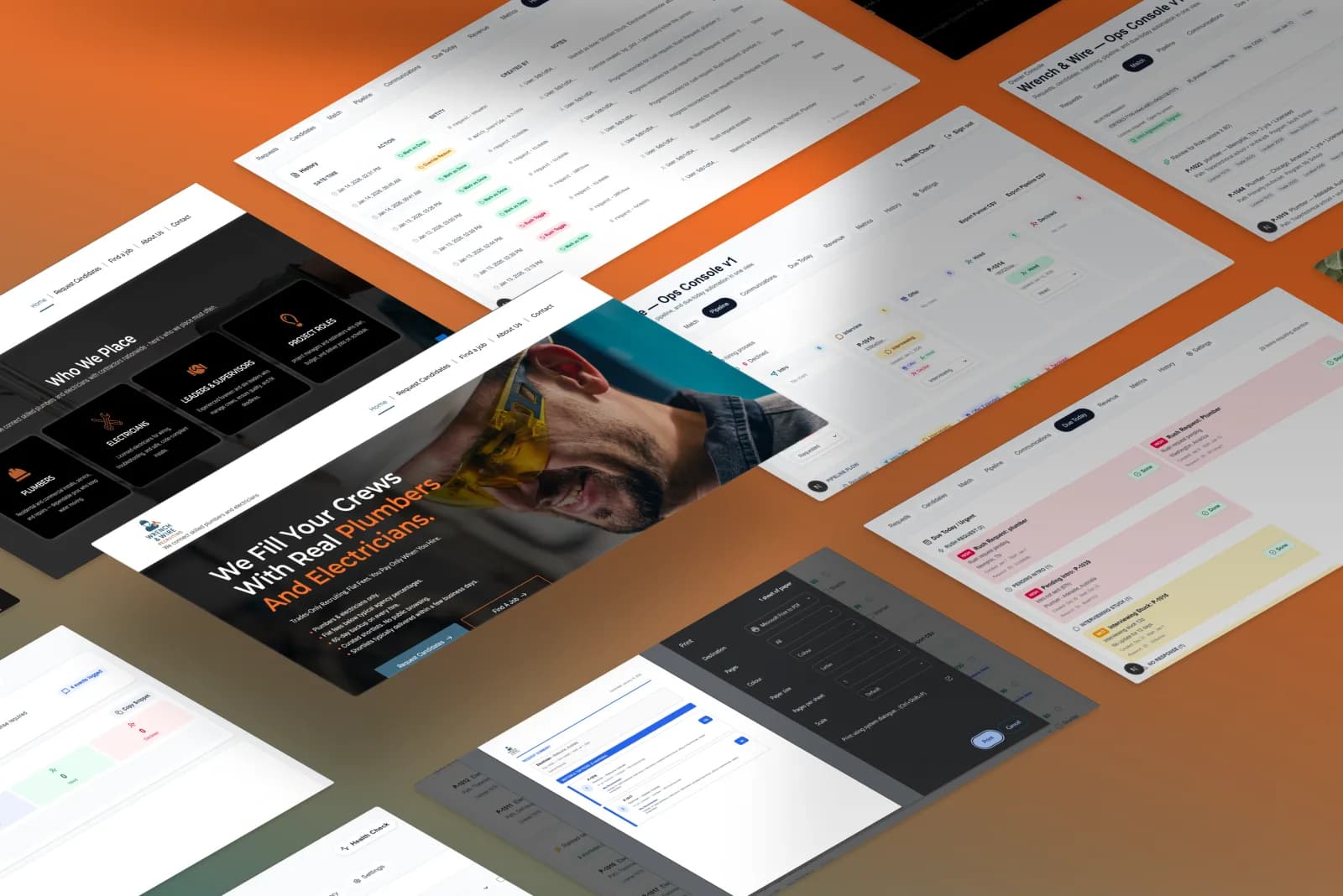 Wrench and Wire recruiting platform presented as a collection of responsive screens