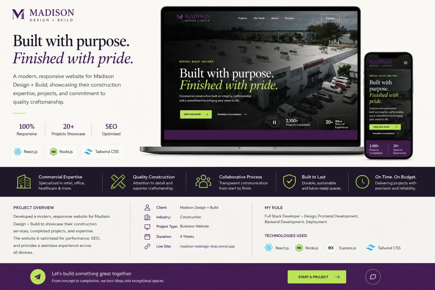 Madison Design and Build construction website shown on laptop and mobile